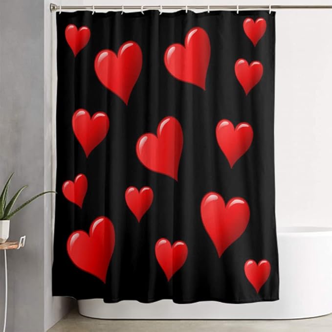 LOKMU 4 Pcs Shower Curtain Sets with Non-Slip Rugs, Toilet Lid Cover and Bath Mat,Black and Red Hearts Waterproof Shower Curtain with 12 Hooks, Bathroom Decor Sets, 72" x 72"