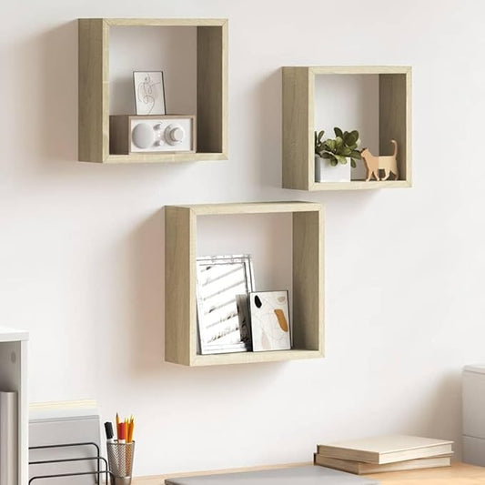 Wall Cube Shelf Set of 3, Floating Shelves for Wall Storage, Sonoma Oak Finish Display Cubes for Living Room, Decorative Modern MDF Shelving Units