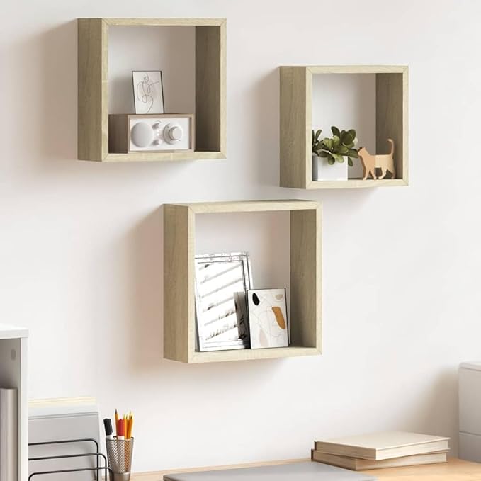 Wall Cube Shelf Set of 3, Floating Shelves for Wall Decor, Sonoma Oak Wood Storage Organizer, Modern Display Shelves for Living Room Bedroom, Square Decorative Shelving