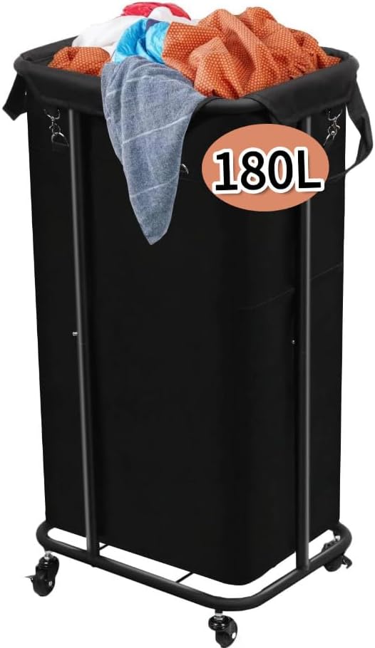 Longzhuo 47.55 Gal(180L) Laundry Basket with Wheels, Rolling Laundry Basket, Large Laundry Hamper, Metal Wheeled, for Hotel, Bedroom, Laundry Room Organization, Black