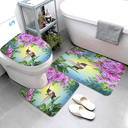 LOKMU 4 Pcs Shower Curtain Sets with Non-Slip Rugs, Toilet Lid Cover and Bath Mat,Hummingbirds and Flowers Waterproof Shower Curtain with 12 Hooks, Bathroom Decor Sets, 72" x 72"