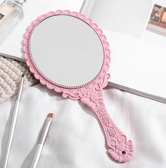AKOAK Vintage Handheld Makeup Mirror, Exquisite Embossed Decorative Handle Makeup Mirror Portable Travel Mirror for Girls and Ladies (Oval, Pink)