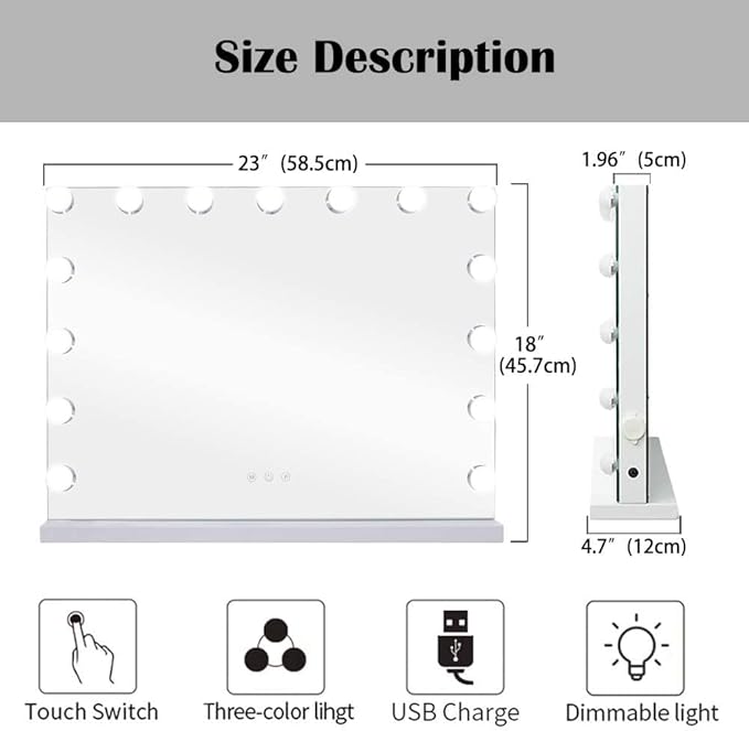 Filytop 22.8"x 18.1" Makeup Mirror with Lights,10X Large Hollywood Lighted Vanity Mirror with 15 Dimmable LED Bulbs,3 Color Modes,Touch Control,Tabletop or Wall-Mounted, White