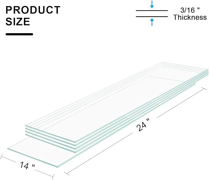 5 pcs - 14" x 24" Tempered Rectangle Glass Floating Shelve for Wall-3/16 Thick -Pencil Polished Float（Without Stent ）