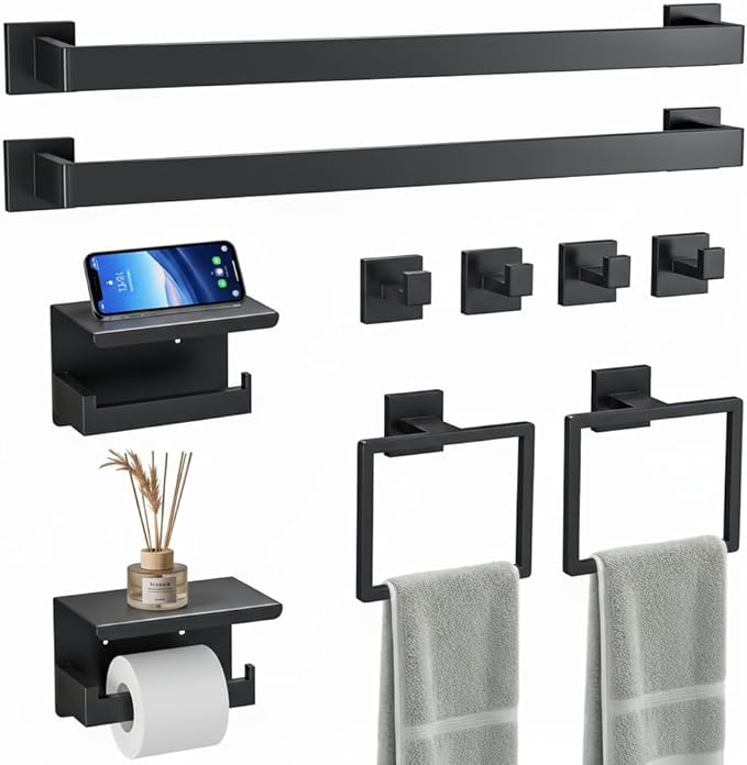 10 Pcs SUS304 Stainless Steel Bathroom Accessories Set, 23.6" Towel Bar, Multi-Purpose Toilet Paper Holder, Towel Ring, Towel Hooks, Minimalist Design for All Styles Bathrooms (Matte Black)