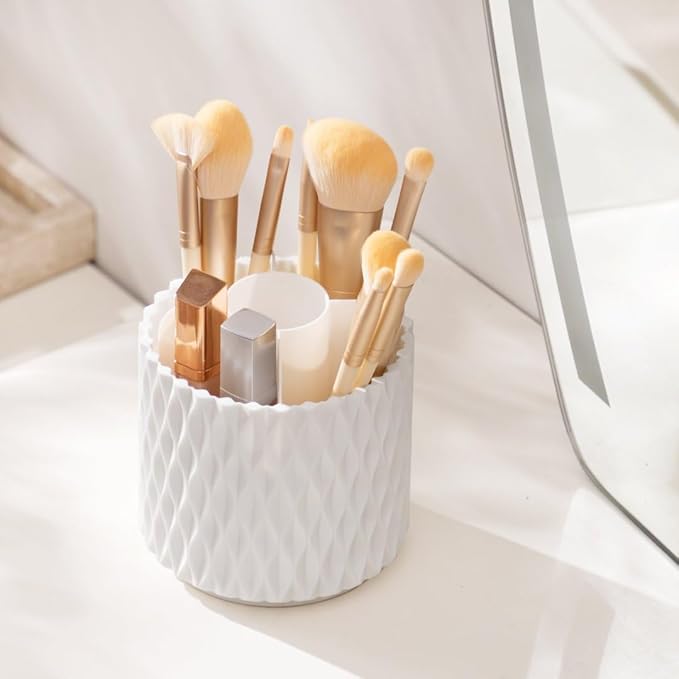 HBlife Makeup Brush Holder 360 Rotating Makeup Brush Organizer with Cover Cosmetic Organizer Dustproof Makeup Brushes Container Spinning Brush Holder for Vanity and Bathroom, Ripple