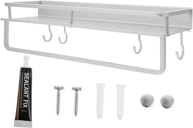 HEALLILY 1set Multi-Functional Wall-Mounted Storage Shelf for Bathroom Kitchen Heavy-Duty Hollow Rack Hooks Space-Saving Organizer for Toiletries and Seasoning Bottles Stylish Design