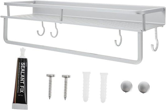 HEALLILY 1set Multi-Functional Wall-Mounted Storage Shelf for Bathroom Kitchen Heavy-Duty Hollow Rack Hooks Space-Saving Organizer for Toiletries and Seasoning Bottles Stylish Design