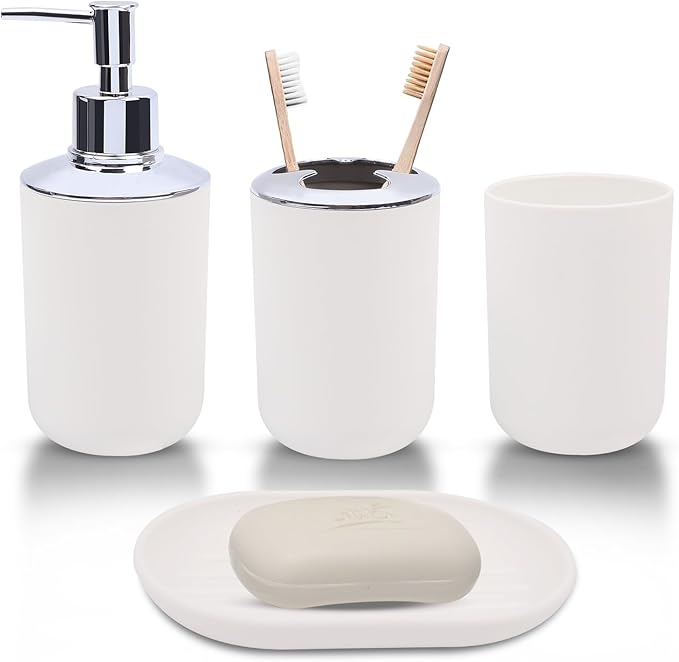 Matte White Bathroom Accessories Set, 4-Piece Plastic Bathroom Vanity Set with Soap Dispenser, Toothbrush Holder, Rinse Cup & Soap Dish, White Bathroom Counter Organizer