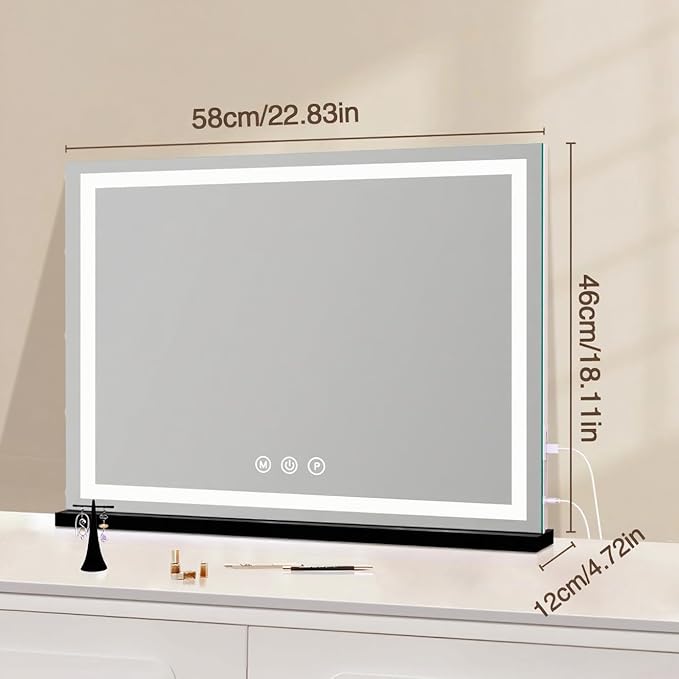 Large Lighted Vanity Mirror, 23" x 19" Light Up Make up Mirror with Smart Touch 3 Colors Dimmable, Tabletop or Wall-Mounted, Memory Function