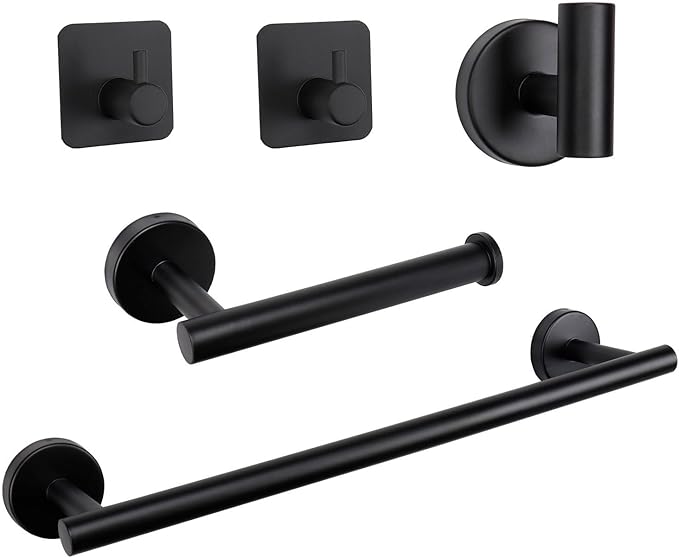 TocTen Bathroom Hardware Set, Thick Stainless Steel Bath Towel Bar Set Including Towel Rack for Bathroom+Toilet Paper Holder+3 Robe Towel Hooks Wall Mount Bathroom Accessory Set(16IN,Matte Black)