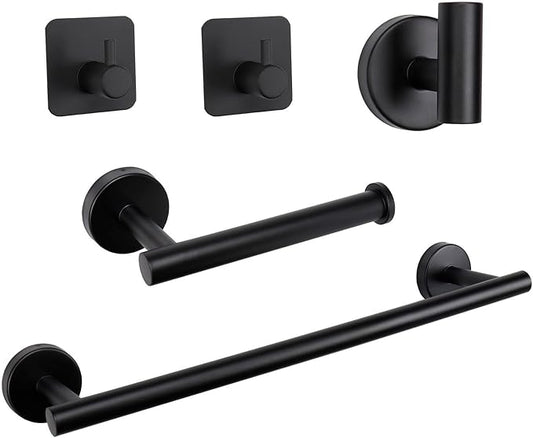 TocTen Bathroom Hardware Set, Thick Stainless Steel Bath Towel Bar Set Including Towel Rack for Bathroom+Toilet Paper Holder+3 Robe Towel Hooks Wall Mount Bathroom Accessory Set(16IN,Matte Black)