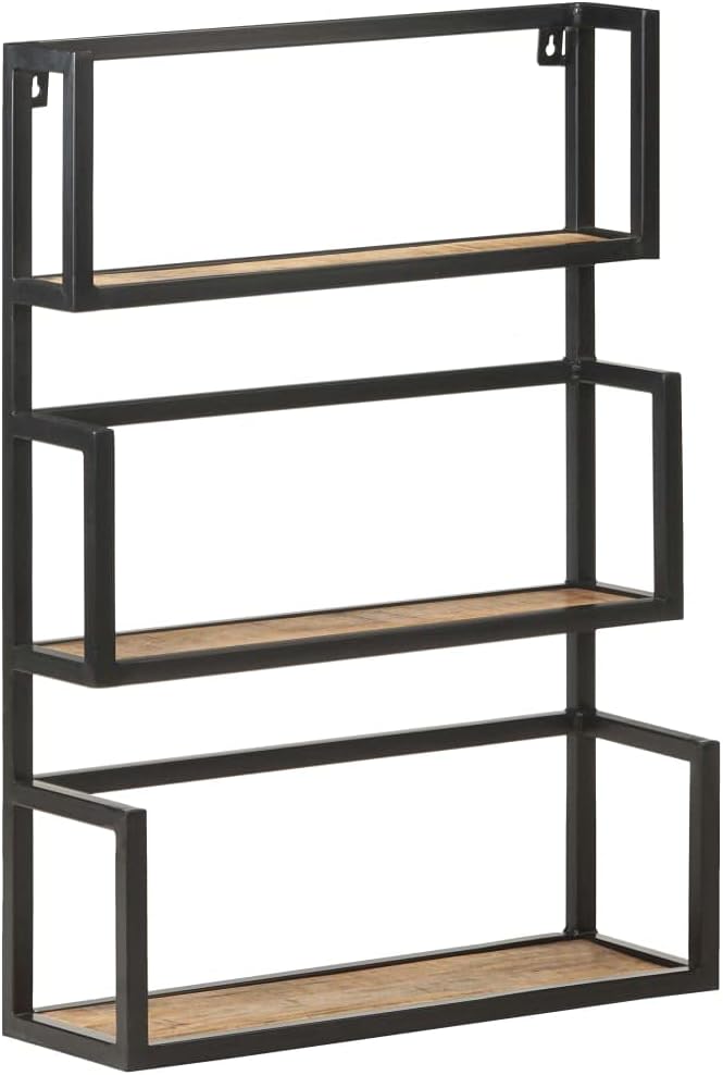 Rustic Wall Shelf with Iron Frame, 3-Tier Mango Wood Floating Shelves 23.6x7.9x33.5 Inches, Natural Wood Grain for Living Room, Bedroom, Bathroom Decor, Sturdy Storage for Books and Plants