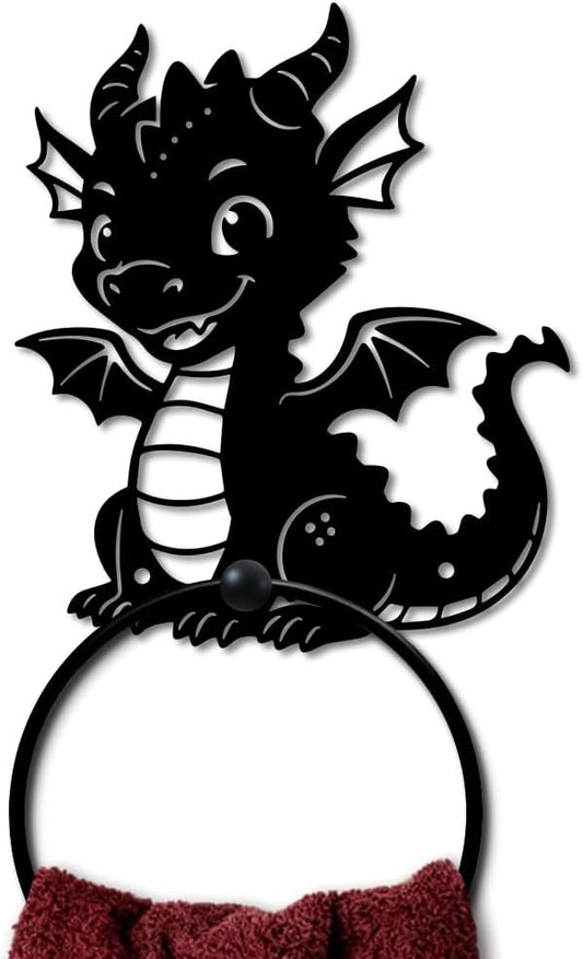 MAYJOYDIY Cartoon Dragon Metal Towel Ring Round Dragon Hand Towel Holder Ring Hanger Wall Mount Black Vintage Towels Wall Organizer for Kitchen Bath Home Laundry Room Decors Gifts