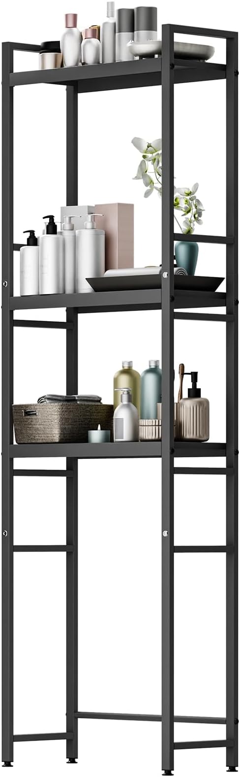 Over Toilet Shelf with Adjustable 3-Tier Shelves & Anti-Slip Base, Freestanding Bathroom Storage Rack, Heavy-Duty Carbon Steel Organizer, Space Saving for Bathroom Laundry, 52x22x162cm Black