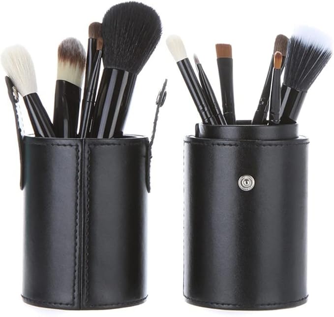 QUUPY Black PU Leather Makeup Brush Holder Organizer with Lid Portable Makeup Tools Large Capacity Case Organizer Cylinder Storage Box Bag(without brush)