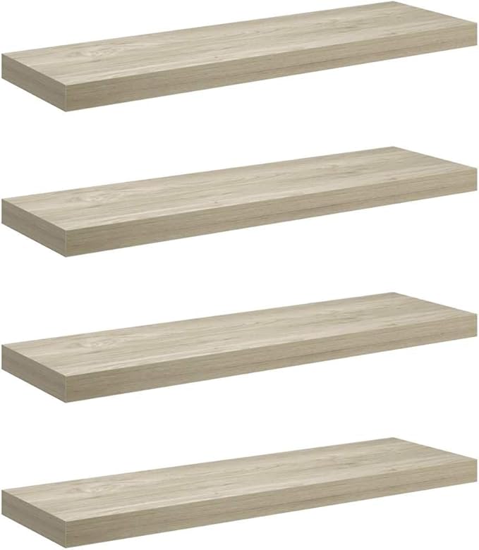 Floating Wall Shelves Set of 4, Invisible Mounting Oak Wood Look Shelves for Living Room Decor, 31. 5 Inch Modern Display Rack for Books, Plants, Photos, heavy-duty 22lb Load Each, Easy Install