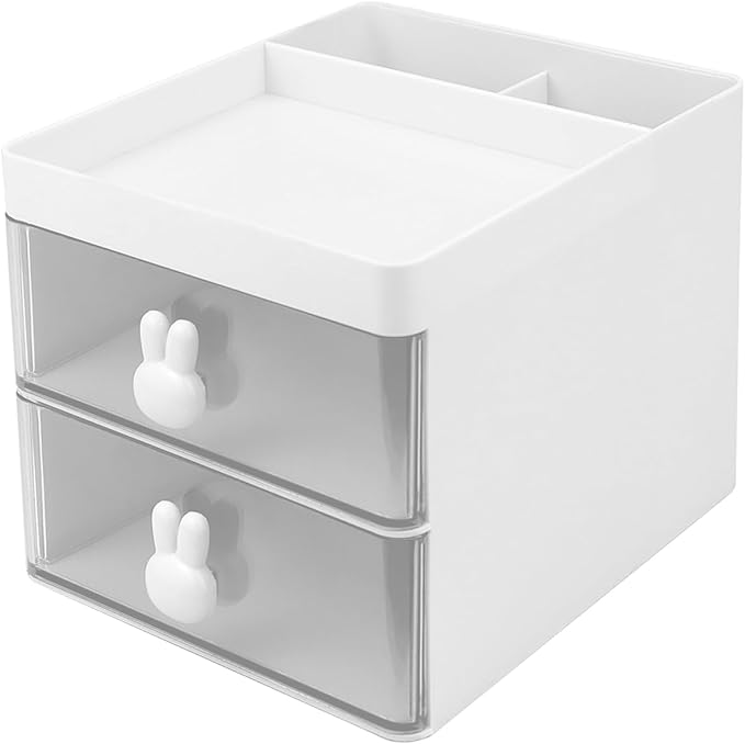 Small Organizer with Drawer Pencil Pen Holder Makeup Case Office Desktop Storage Box Multifunctional Desk Accessories for Office School Home (White)