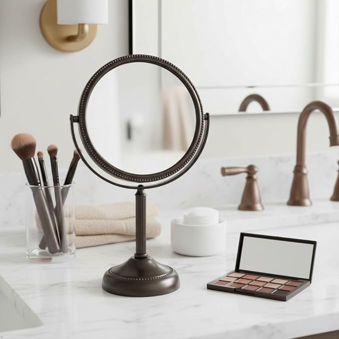 JERDON Two-Sided Tabletop Makeup Vanity Mirror - 10X-1X Magnification & Swivel Design - 6-Inch Diameter Portable Mirror - Bronze Finish - Model JP910BZP