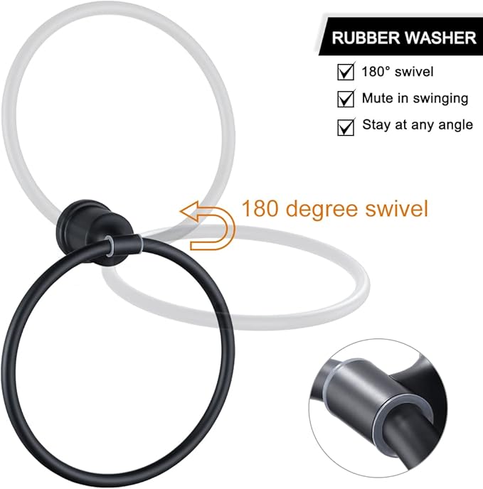 WOWOW Hand Towel Rings for Bathroom Wall - Matte Black Towel Ring Racks for Bathroom Wall Towels Holder, Heavy Duty Round Ring Holder Stainless Steel Black Hand Towels Holder Bar for Bathrooms Mounted
