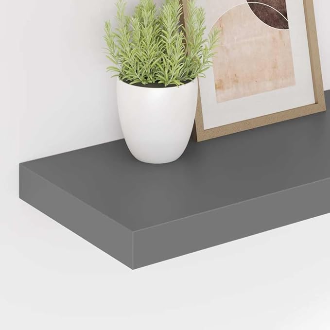 Floating Wall Shelves Set of 2, Modern High Gloss Gray Invisible Mounting Display Shelves for Living Room Bedroom, 23.6x9.3 Inches, MDF Honeycomb Core with Metal Frame, Holds 15.4 lbs Each