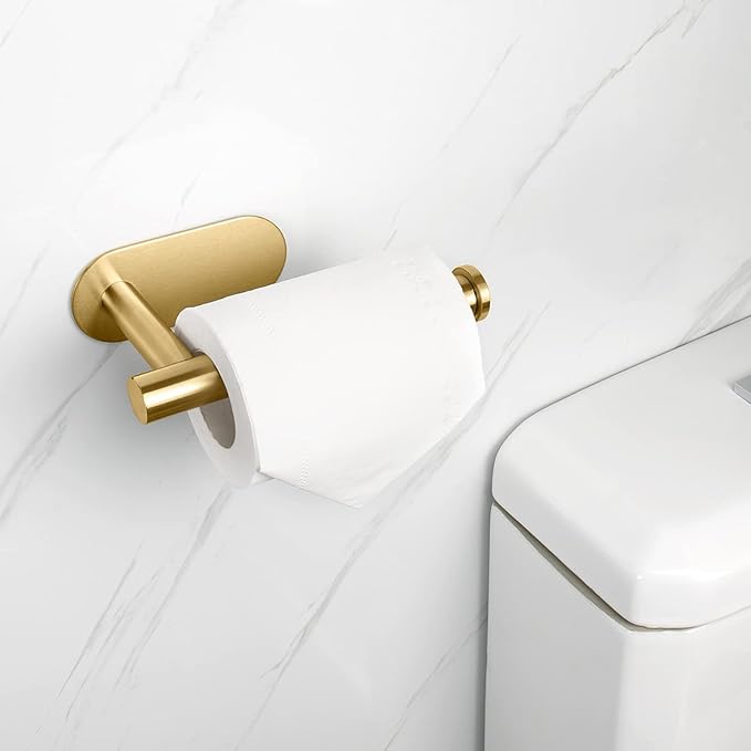 NearMoon Toilet Paper Holder Self Adhesive, Premium Thicken SUS304 Stainless Steel Rustproof Adhesive Toilet Roll Holder no Drilling for Bathroom, Kitchen, Washroom (2 Pack, Brushed Gold)