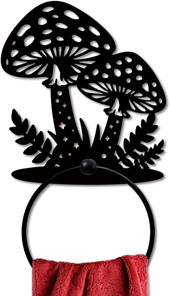 MAYJOYDIY Mushroom Metal Towel Ring Mushroom Leaf Towel Holder Star Dots Pattern Towel Ring Black Art Towel Rack Wall Mounted for Bathroom Kitchen Towel Hanger Home Decors Gift