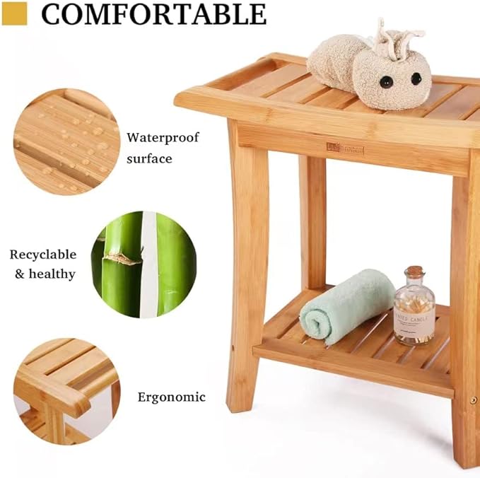 Unibambou Bamboo Shower Bench with Storage Shelf, Wooden Spa Bath Deluxe Organizer Shower Stool for Inside Shower, Bathroom Bench Seat for Adults Elderly Seniors for Indoor or Outdoor Use