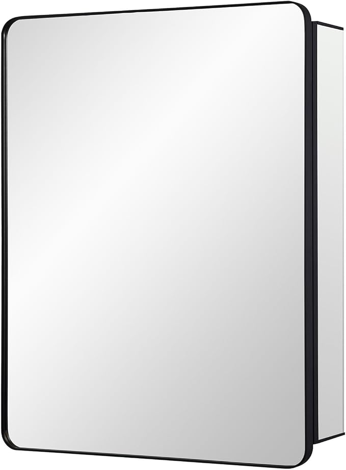 IDYLLOR Black Bathroom Mirror Medicine Cabinet with Round Corner Framed Door 20 x 26 inch, Recessed or Surface Mount, with Adjustable Glass Shelves
