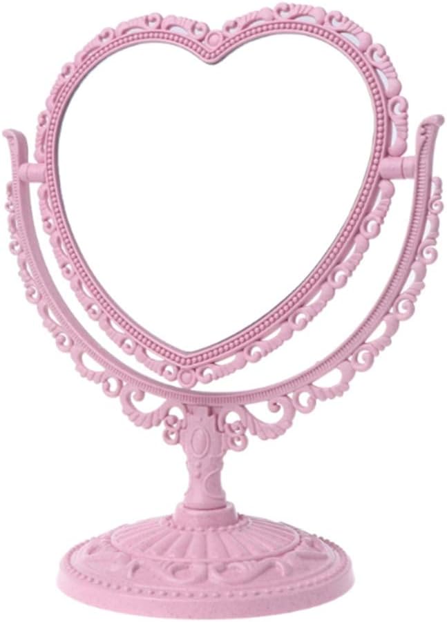 AKOAK Heart-Shaped Cosmetic Mirror - Plastic, Double-Sided, Rotatable, Lightweight - Bathroom & Bedroom Mirror (Pink)