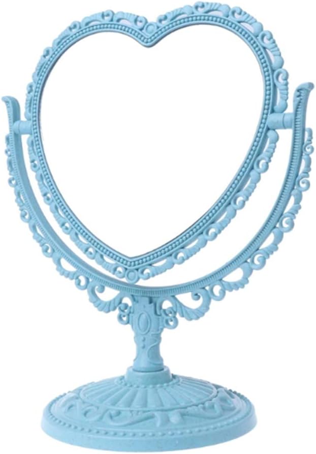 AKOAK Heart-Shaped Cosmetic Mirror - Plastic, Double-Sided, Rotatable, Lightweight - Bathroom & Bedroom Mirror (Blue)