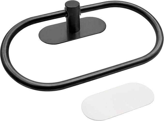 Self Adhesive Towel Ring, Matte Black Adhesive Hand Towel Holder Stainless Steel Oval Hand Towel Ring No Drilling Modern Hand Towel Hanger for Bathroom Kitchen Accessories