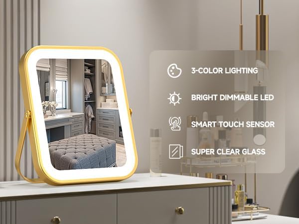 PRIMETEK Vanity Mirror with Lights, 10"x8" LED Lighted Makeup Mirror, Portable Makeup Mirror with Lights, Touch Screen, 3-Color Lighting, for Vanity Desk Tabletop, Bedroom