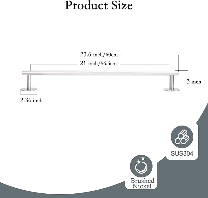 24 Inch SUS304 Stainless Steel Brushed Nickel Command Towel Bars - Self Adhesive Towel Holder for Bathroom Wall and Kitchen and Showroom Inside, Bathroom Organizers and Storage