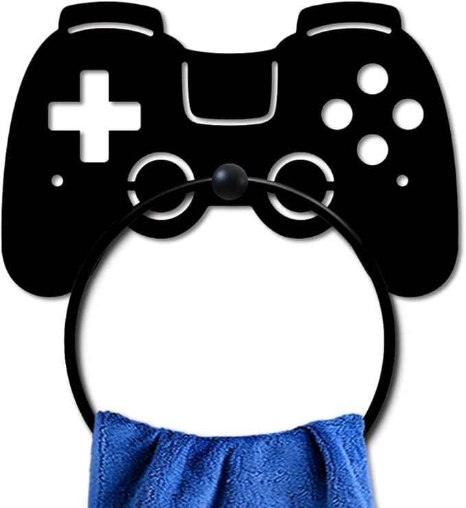 MAYJOYDIY Game Controller Metal Towel Ring Gamepad Shaped Sign Towel Holder for Gamer Room Decor Gamepad Black Art Towel Rack Wall Mounted for Bathroom Kitchen Home Boys Room Decors Gift