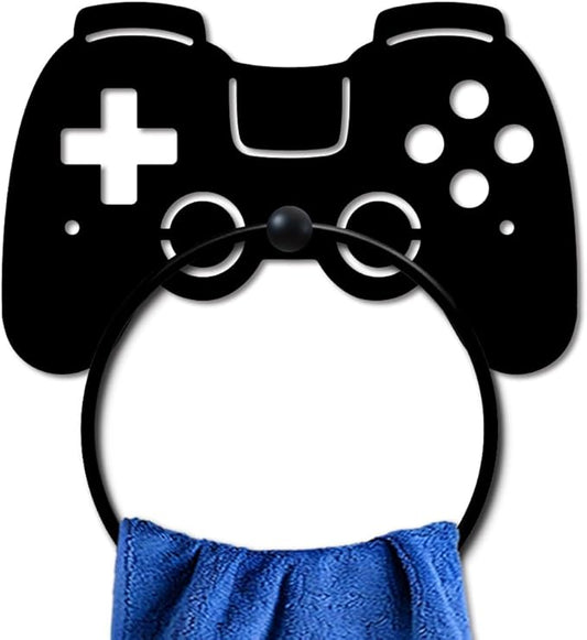 MAYJOYDIY Game Controller Metal Towel Ring Gamepad Shaped Sign Towel Holder for Gamer Room Decor Gamepad Black Art Towel Rack Wall Mounted for Bathroom Kitchen Home Boys Room Decors Gift