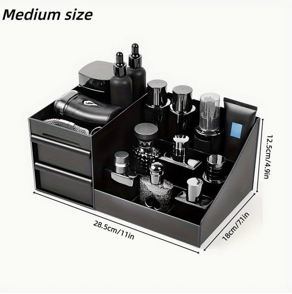 Men's Cologne Organizer, Black Acrylic Perfume Display Tray with Drawers, Bathroom Counter Storage
