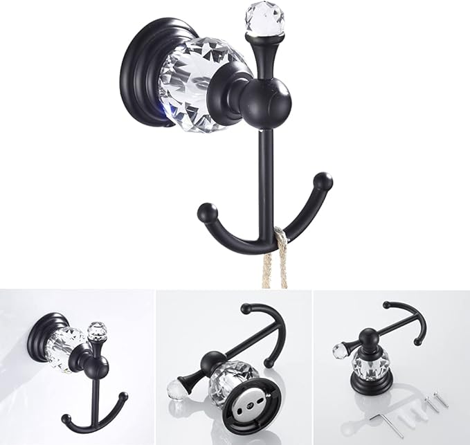 WOLIBEER Crystal Bathroom Hardware, Black 24 Inch Towel Bar Set Toilet Paper Holder Towel Ring Coat Hooks Bathroom Accessories 4 Pieces Wall Mounted