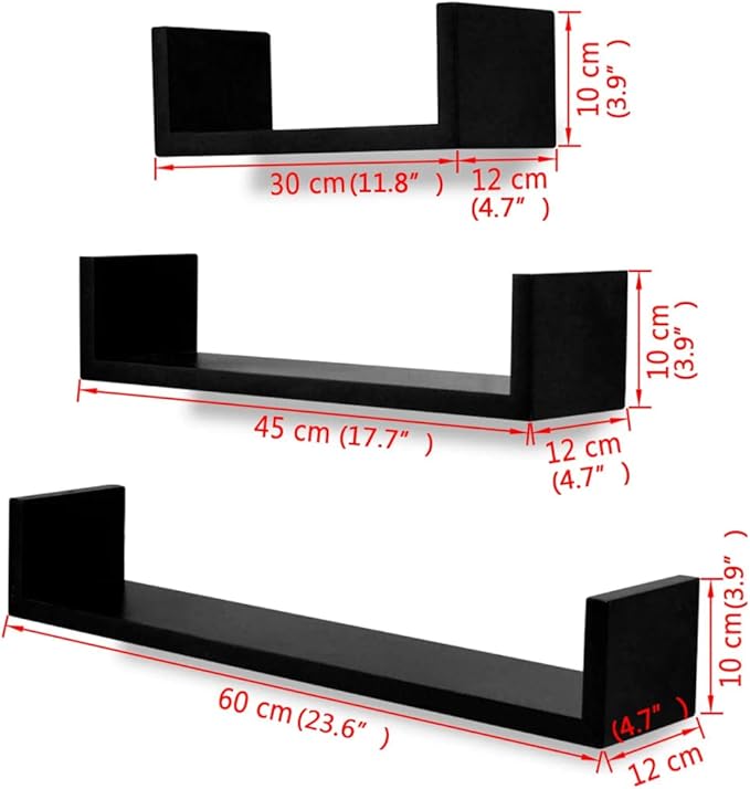 Floating Wall Shelves Set of 3, Modern U-Shape Display Ledges for Living Room, Bedroom & Office, Durable Matte Black MDF Wall-Mounted Storage Shelves
