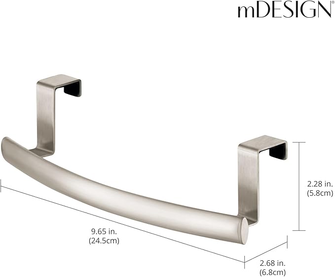mDesign Steel Over Door Curved Towel Bar Storage, Hanger for Cabinet or Cupboard, Holder Rack for Kitchen, Bathroom - Holds Hand/Dish Towels, Washcloths - Spira Collection - Satin