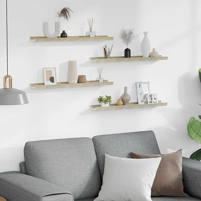 Wall Shelf Set of 4, 23.6 Inch Floating Shelves for Wall Decor, Modern MDF Display Ledges for Bedroom, Living Room, Bathroom, White and Sonoma Oak