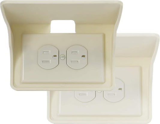 BeraTek Industries Power Perch Single Wall Outlet Shelf | Home Wall Shelf Organizer for Bathroom, Kitchen, Bedrooms, Dorm Rooms (Almond, Horizontal Outlet 2 Pack)