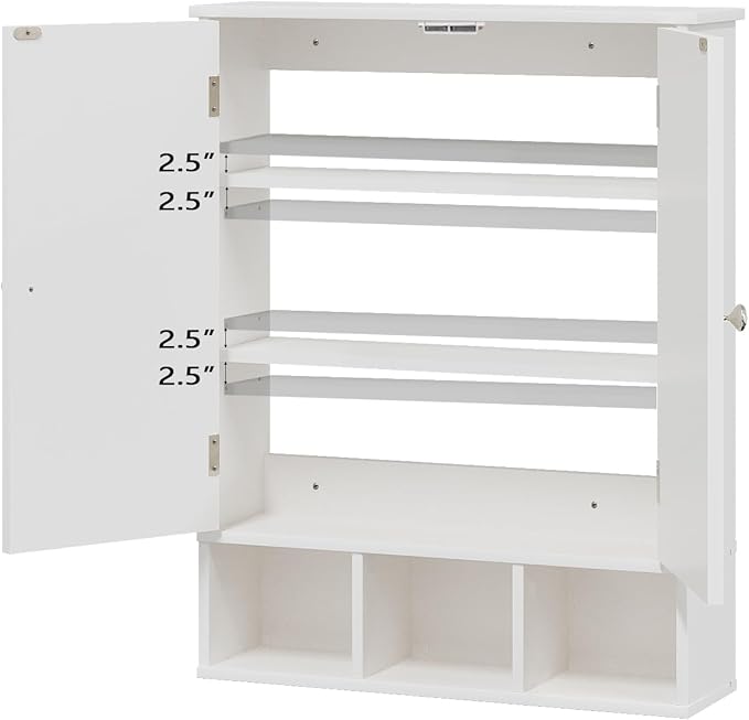 Bathroom Medicine Cabinet 2 Doors with 3 Open Shelves, Over The Toilet Storage Wall Mounted Medicine Cabinet with Adjustable Partitions，Home Cabinet for Bathroom,Living Room,Kitchen,White
