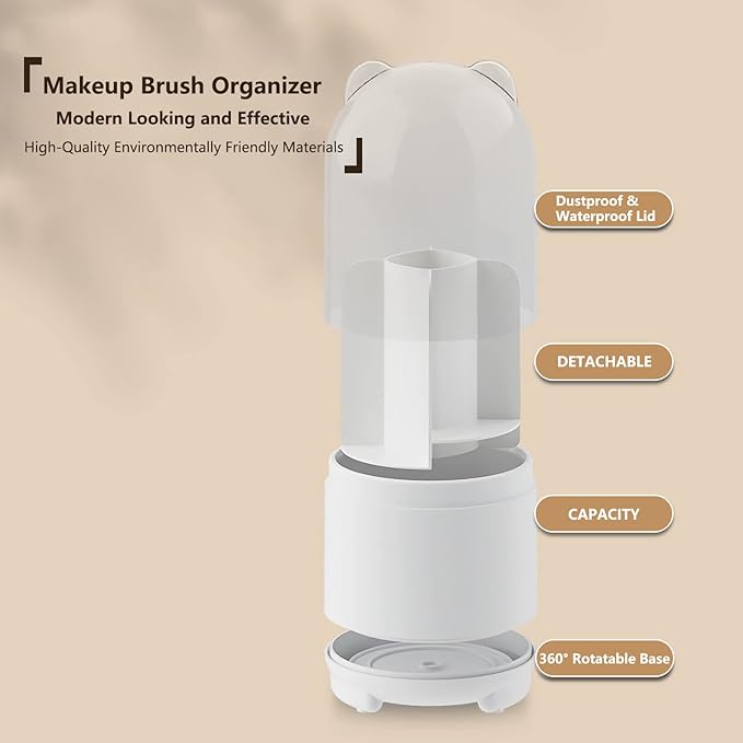 Cute Makeup Brush Holder Organizer with Lid, Rotating Dustproof Make Up Brushes Container with Clear Acrylic Cover for Vanity Desktop Bathroom Countertop