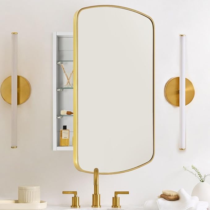 Brushed Gold Arched Recessed and Surface Mount Bathroom Medicine Cabinet with Mirror Metal Framed Rectangular Bathroom Cabinet with 3 Tempered Glass Adjustable Shelves 18x27''