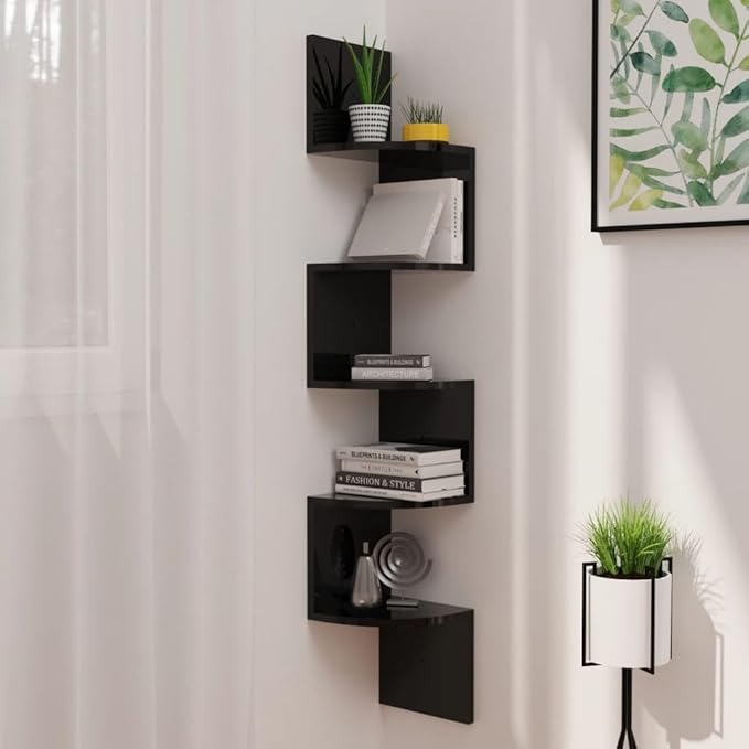 Wall Corner Shelf 48.4-inch Modern Floating Corner Shelving Unit for Living Room Bedroom, High Gloss Black Engineered Wood Space-Saving Display Storage Rack