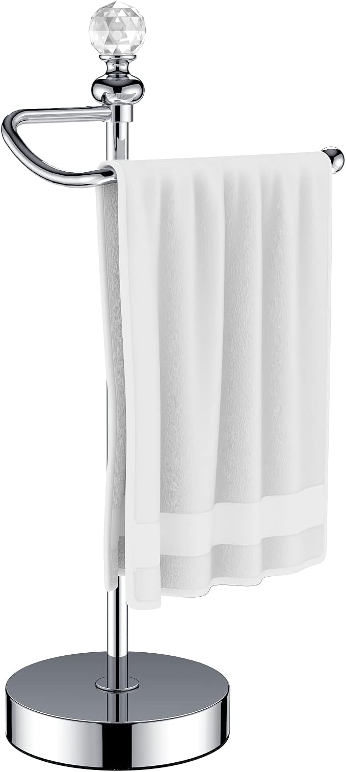 ROLABAM Heavy Weighted Towel Holder (with Crystal Ball) Standing Towel Holder - Total Height 15.7'' for Kitchen, Bathroom, Vanity - Classic Decorative Metal Hand Towel Stand, Polished Chrome