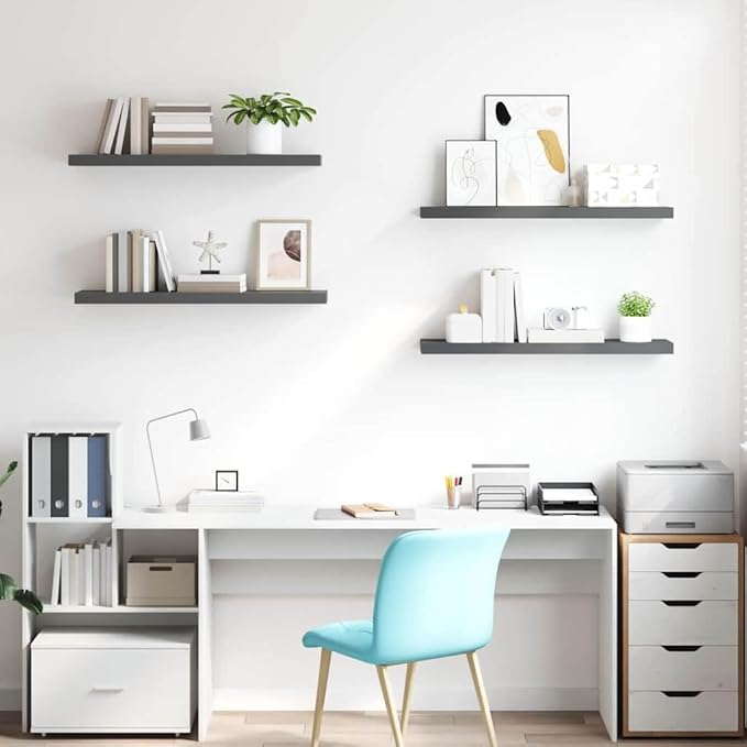 Floating Wall Shelves Set of 4, High Gloss Gray Modern Display Shelves 35.4x9.3x1.5 Inch, Invisible Mounting for Living Room Bedroom Office, Durable MDF and Metal Frame Holds 22 lbs Each