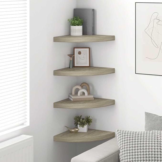 Corner Shelf Set of 4, 13.8 Inch Floating Wall Shelves for Bedroom Living Room, Oak Wood Decorative Storage Shelves for Home Decor, Triangular Wall Mount Display Racks