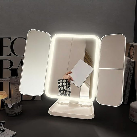 LED Tri-Fold Vanity Mirror with Lights, Touch Screen and 3X/2X/1X Magnification with 3 Color & Adjustable Brightness, Portable Rechargeable Makeup Mirror Pro with Lights Dollar for Desk Dorm Travel
